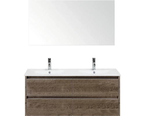 SANOX Badkamermeubelset Dante tabacco 120 cm met vier lades incl. dubbele keramische wastafel Enjoy met twee kraangaten en spiegel Wastafelmeubel met spiegel, dubbele wastafel, houtlook en lades voor badkamer