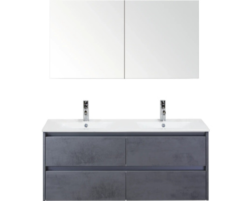 SANOX Badkamermeubelset Dante beton antraciet 120 cm met vier lades incl. dubbele keramische wastafel Enjoy met twee kraangaten en spiegelkast Wastafelmeubel met twee wastafels, onderkast en spiegelkast