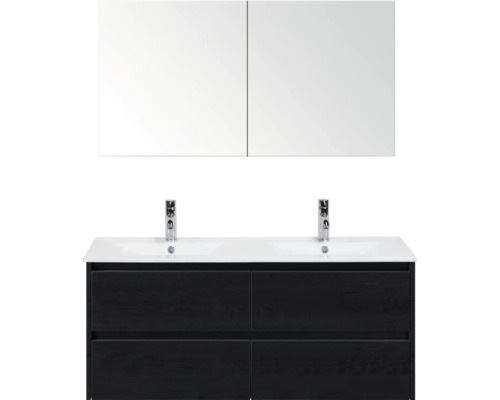 SANOX Badkamermeubelset Dante black oak 120 cm met vier lades incl. dubbele keramische wastafel Enjoy met twee kraangaten en spiegelkast Dubbele wastafel met onderkast en spiegelkast voor de badkamer