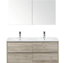Badkamermeubelset met dubbele wastafel, kranen en spiegelkast
