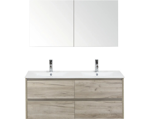 SANOX Badkamermeubelset Dante craft oak 120 cm met vier lades incl. dubbele keramische wastafel Enjoy met twee kraangaten en spiegelkast Badkamermeubelset met dubbele wastafel, kranen en spiegelkast