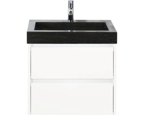 Wastafelmeubel met twee laden, zwarte wastafelblad en kraan