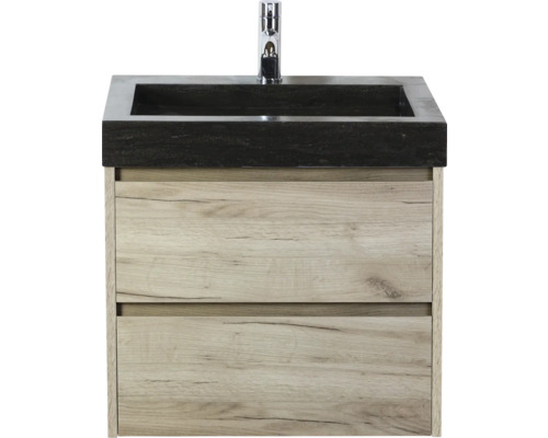 Wastafelonderkast met lades en donkere opzetwastafel