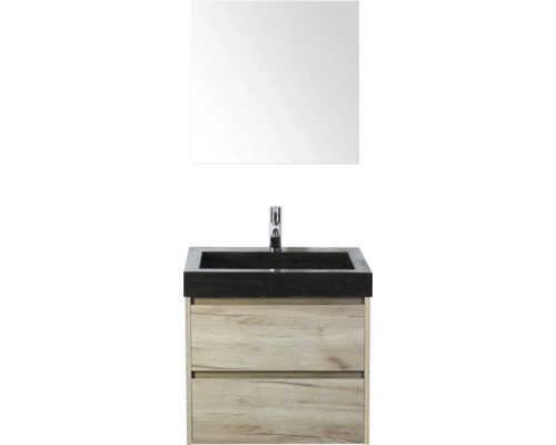 SANOX Badkamermeubelset Dante craft oak 60 cm met twee lades incl. natuurstenen wastafel Lucca met één kraangat en spiegel Wastafelcombinatie met spiegel, wastafel en onderkast