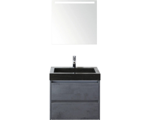 SANOX Badkamermeubelset Dante beton antraciet 60 cm met twee lades incl. natuurstenen wastafel Lucca met één kraangat en spiegel met verlichting Wastafelmeubel met onderkast en verlichte spiegel voor de badkamer