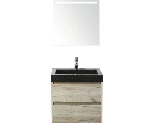 SANOX Badkamermeubelset Dante craft oak 60 cm met twee lades incl. natuurstenen wastafel Lucca met één kraangat en spiegel met verlichting Wastafelcombinatie met spiegel en twee laden