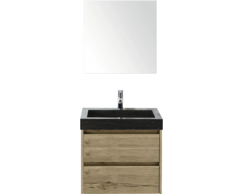 SANOX Badkamermeubelset Dante natuur eiken 60 cm met twee lades incl. natuurstenen wastafel Lucca met één kraangat en spiegelkast Wastafelcombinatie met spiegel, wastafel en onderkast