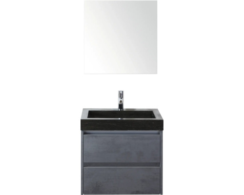SANOX Badkamermeubelset Dante beton antraciet 60 cm met twee lades incl. natuurstenen wastafel Lucca met één kraangat en spiegelkast Wastafelcombinatie met spiegel en wastafelonderkast