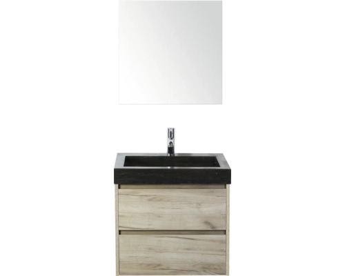 SANOX Badkamermeubelset Dante craft oak 60 cm met twee lades incl. natuurstenen wastafel Lucca met één kraangat en spiegelkast Wastafelcombinatie met spiegel, wastafel, kraan en onderkast met lades