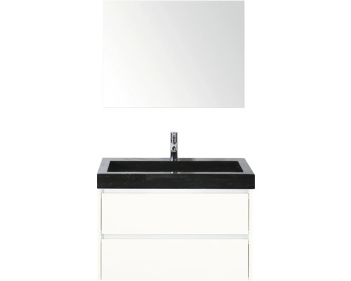 Wastafelcombinatie met spiegel, zwart wastafelblad, opzetwastafel en onderkast