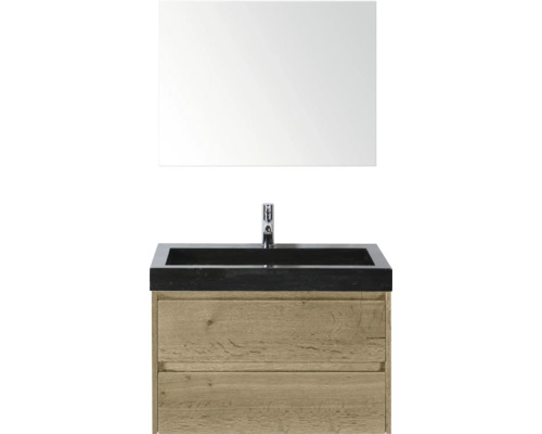 Wastafelcombinatie met spiegel, wastafel en houten onderkast