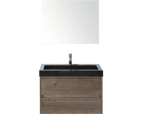 SANOX Badkamermeubelset Dante tabacco 80 cm met twee lades incl. natuurstenen wastafel Lucca met één kraangat en spiegel Wastafelcombinatie met spiegel, wastafel, kraan en onderkast met twee laden