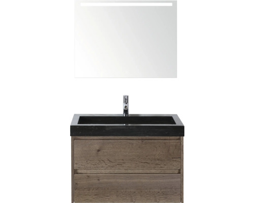 SANOX Badkamermeubelset Dante tabacco 80 cm met twee lades incl. natuurstenen wastafel Lucca met één kraangat en spiegel met verlichting Wastafel met spiegel en onderkast voor de badkamer