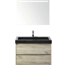 Wastafel met onderkast, wastafelkraan en verlichte spiegel voor de badkamer