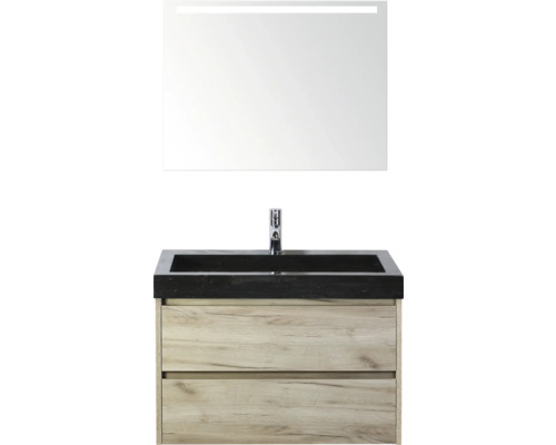 Wastafel met onderkast, wastafelkraan en verlichte spiegel voor de badkamer