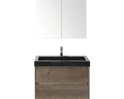 SANOX Badkamermeubelset Dante tabacco 80 cm met twee lades incl. natuurstenen wastafel Lucca met één kraangat en spiegelkast Wastafelcombinatie met spiegel, wastafel en houten onderkast