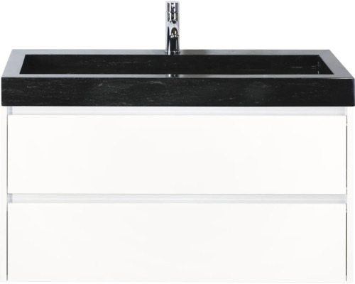 Wastafelmeubel met zwarte wasbak en witte onderkast