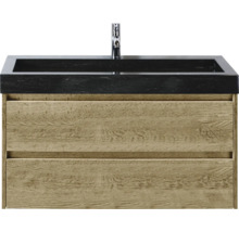 Wastafelonderkast met twee lades, een zwart wastafelblad en een kraan