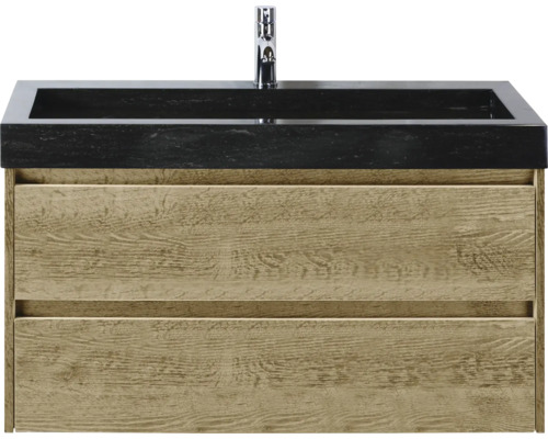 Wastafelonderkast met twee lades, een zwart wastafelblad en een kraan