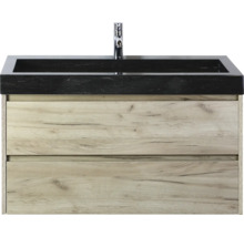Wastafelonderkast met twee lades en zwarte wastafel