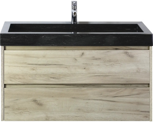 Wastafelonderkast met twee lades en zwarte wastafel