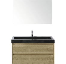 Wastafelcombinatie met spiegel, houten onderkast en zwarte wasbak