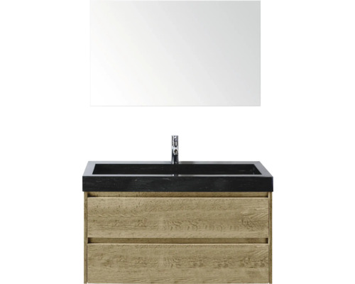 Wastafelcombinatie met spiegel, houten onderkast en zwarte wasbak