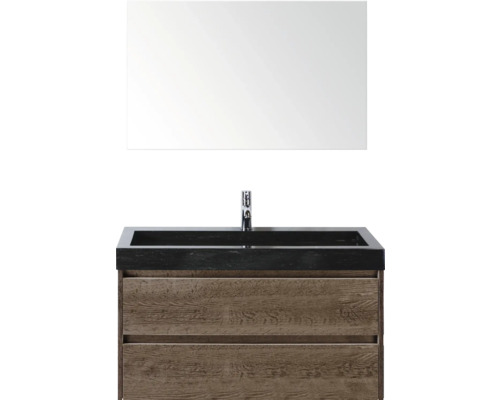 SANOX Badkamermeubelset Dante tabacco 100 cm met twee lades incl. natuurstenen wastafel Lucca met één kraangat en spiegel Wastafelcombinatie met spiegel, wastafel, kraan en onderkast