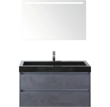 Wastafelmeubel met twee laden, wastafelblad, kraan en spiegel met verlichting