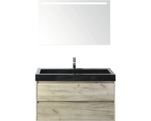 Wastafelcombinatie met wastafel, kraan en spiegel voor de badkamer