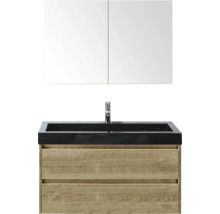 Wastafelcombinatie met spiegelkast, wastafel, kraan en houten onderkast