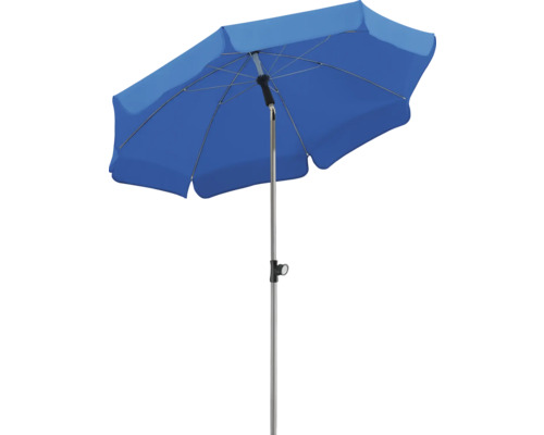 Blauwe parasol met metalen standaard