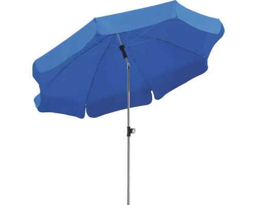 Blauwe parasol met metalen standaard