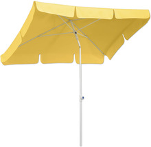 Gele vierkante parasol met witte standaard.