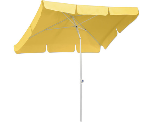 Gele vierkante parasol met witte standaard.