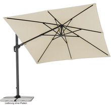 Vrijhangende parasol met rechthoekig schermdak en stevige voet.