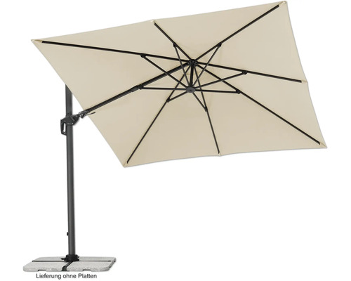 Vrijhangende parasol met rechthoekig schermdak en stevige voet.