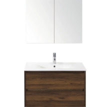 Wastafelcombinatie met spiegelkast, witte wastafel en onderkast met twee laden