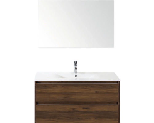 SANOX Badkamermeubelset Dante walnoot 100 cm met twee lades incl. keramische wastafel Enjoy met één kraangat en spiegel Wastafelmeubel met spiegel en houten afwerking