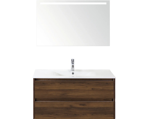 SANOX Badkamermeubelset Dante walnoot 100 cm met twee lades incl. keramische wastafel Enjoy met één kraangat en spiegel met verlichting Wastafelmeubel met onderkast, wastafel en spiegel met verlichting