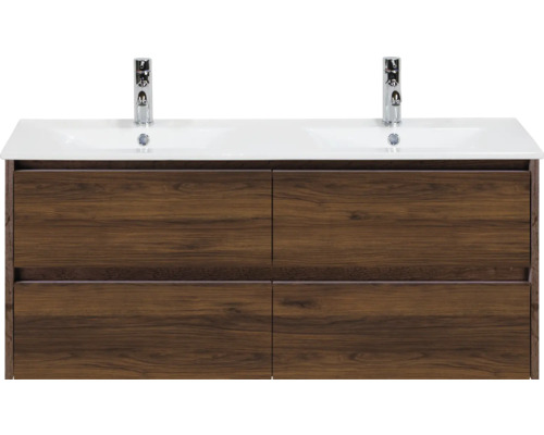 SANOX Badkamermeubelset Dante walnoot 120 cm met vier lades incl. dubbele keramische wastafel Enjoy met twee kraangaten Wastafelonderkast met vier laden en twee kranen