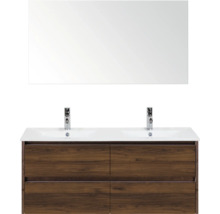 Wastafel met spiegel en houten onderkast voor de badkamer