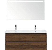 Wastafelcombinatie met twee wastafels, onderkast met laden en spiegel met verlichting