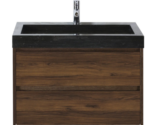 Wastafelonderkast met twee laden, zwarte wasbak en kraan