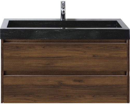 Wastafelonderkast met zwarte wasbak en twee lades