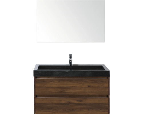 Wastafelcombinatie met spiegel, wastafel van steen, onderkast met twee laden en kraan
