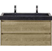 Wastafelonderkast met twee laden, wastafelblad en twee kranen