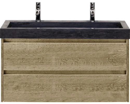 Wastafelonderkast met twee laden, wastafelblad en twee kranen