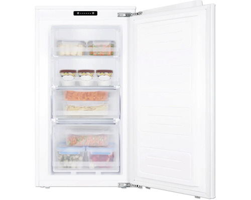 Diepvries met open deur en transparante lades gevuld met eten