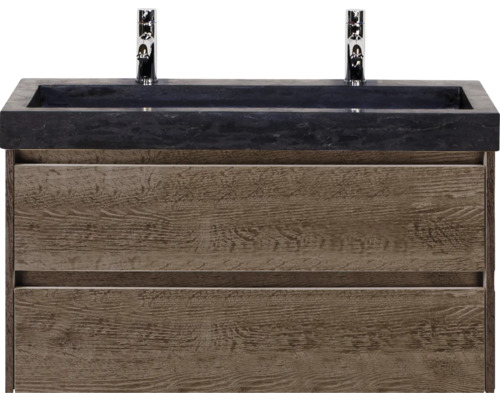 SANOX Badkamermeubelset Dante tabacco 100 cm met twee lades incl. natuurstenen wastafel Lucca met twee kraangaten Wastafelonderkast met twee lades en opzetwastafel